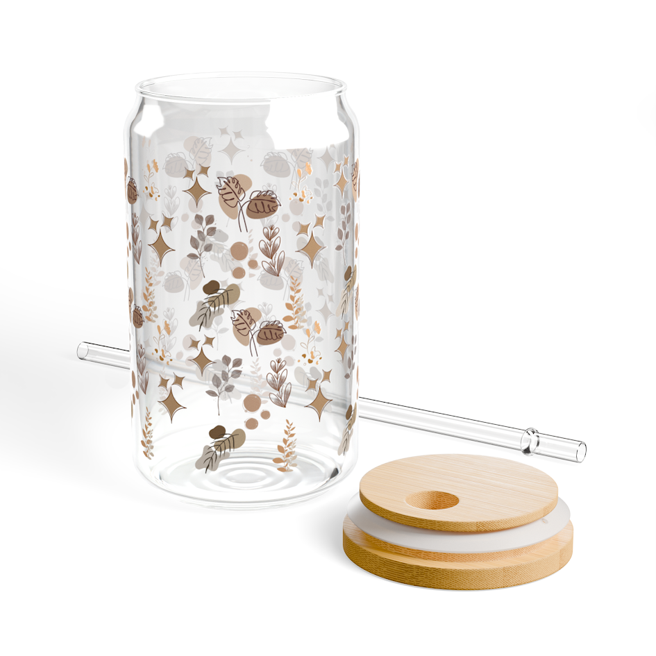 Neutral Botanical Can Glass with Bamboo Lid & Glass Straw