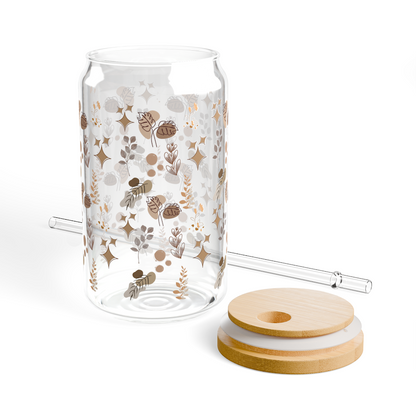 Neutral Botanical Can Glass with Bamboo Lid & Glass Straw