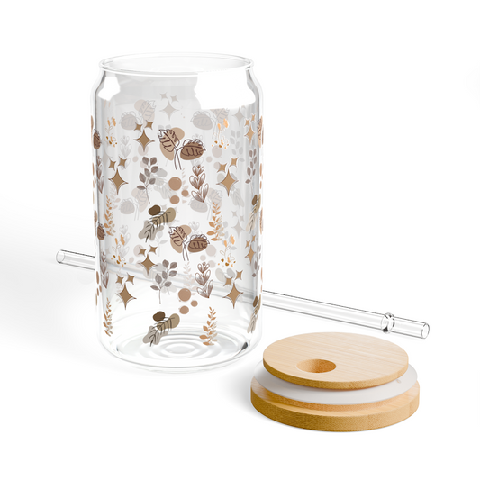 Neutral Botanical Can Glass with Bamboo Lid & Glass Straw